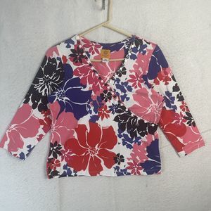 Ruby Rd Top Women Medium Multicolor Floral V Neck Beaded 3/4 Sleeve Blouse